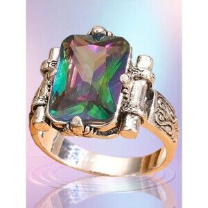 Antique Silver LARGE Rectangle Colorful Stone Size 8 Dazzler